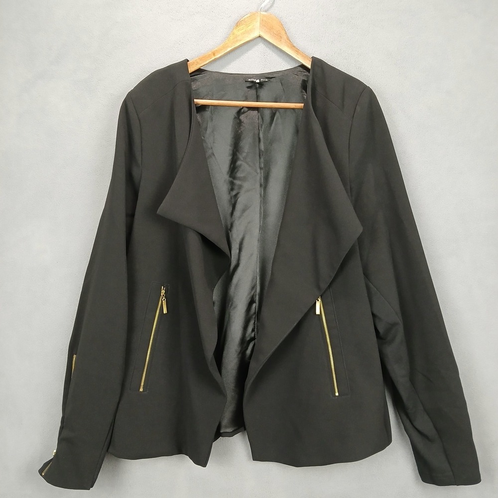 City Chic Blazer Jacket Womens Large Black Lined Drape Neck Open Front Business
